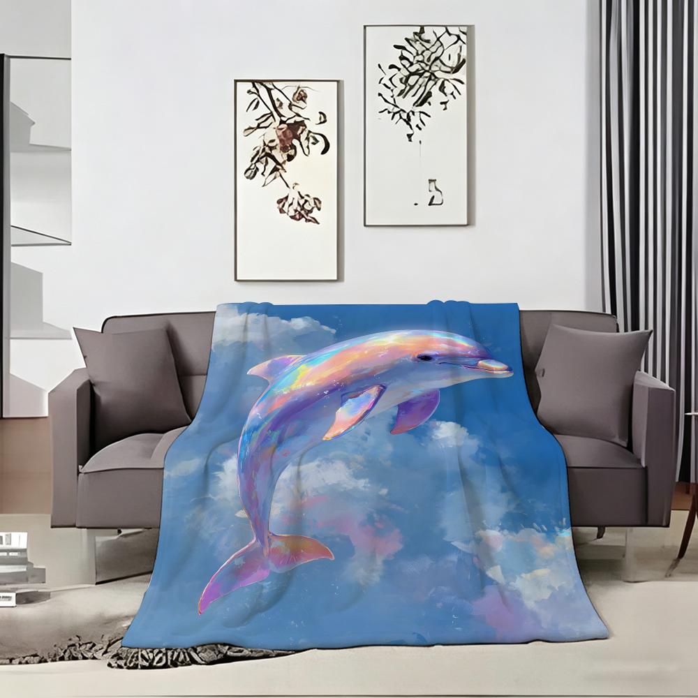 Fantasy Color Cute Dolphin Throw Lightweight 240g Flannel Blanket Soft Skin-friendly for Summer Cooling