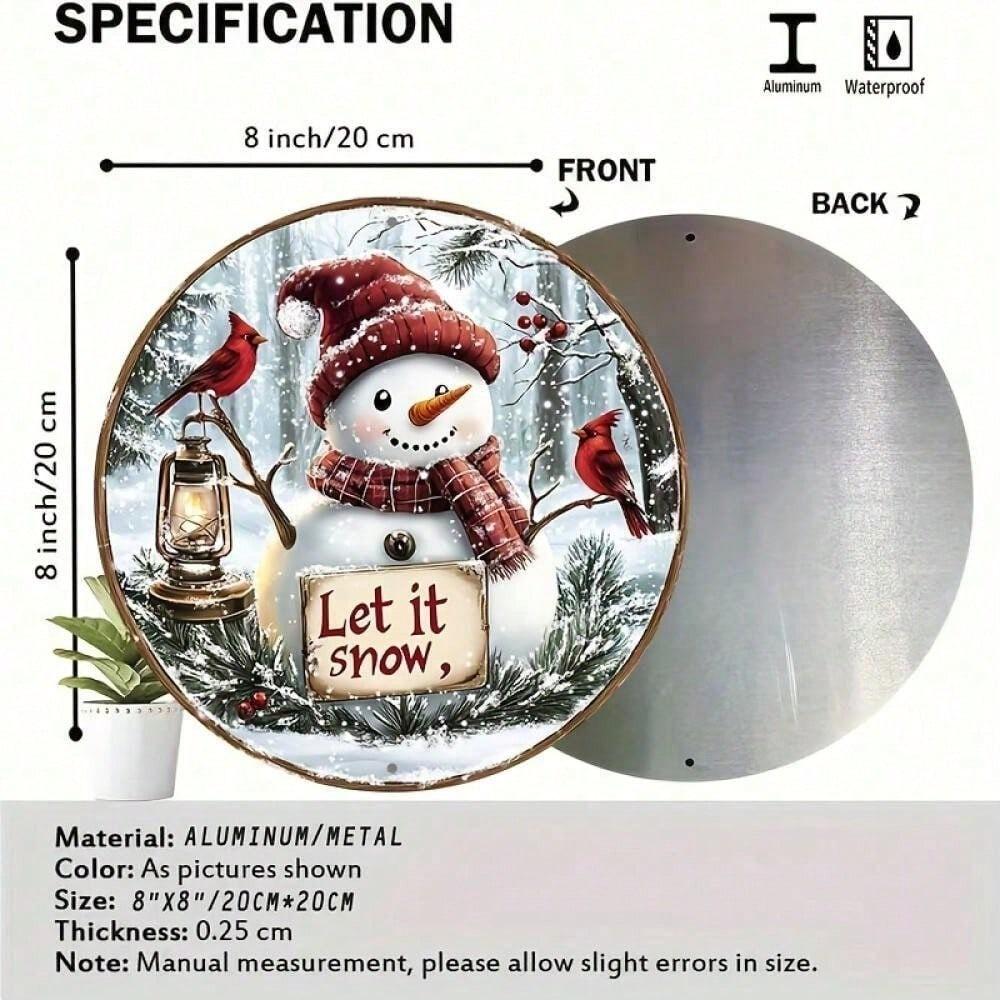 Vintage Snowman Cardinal Wall Plaque 8 Inch Round Aluminum Sign Let It Snow Winter Scene Lantern Holiday Christmas Decor