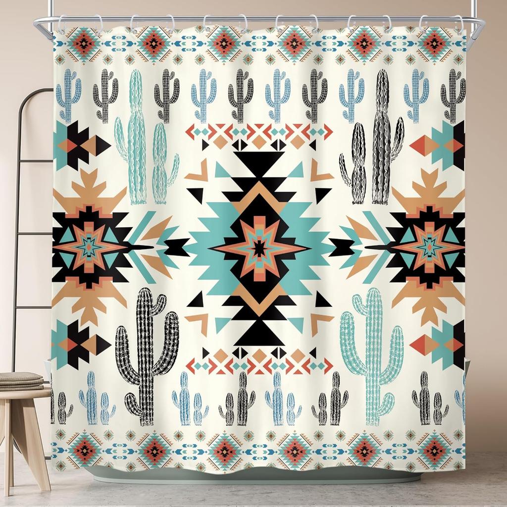 Western Aztec Shower Curtain Abstract Vintage Boho Retro Geometric Tribal Ethnic Native Bathroom Set American Southwestern