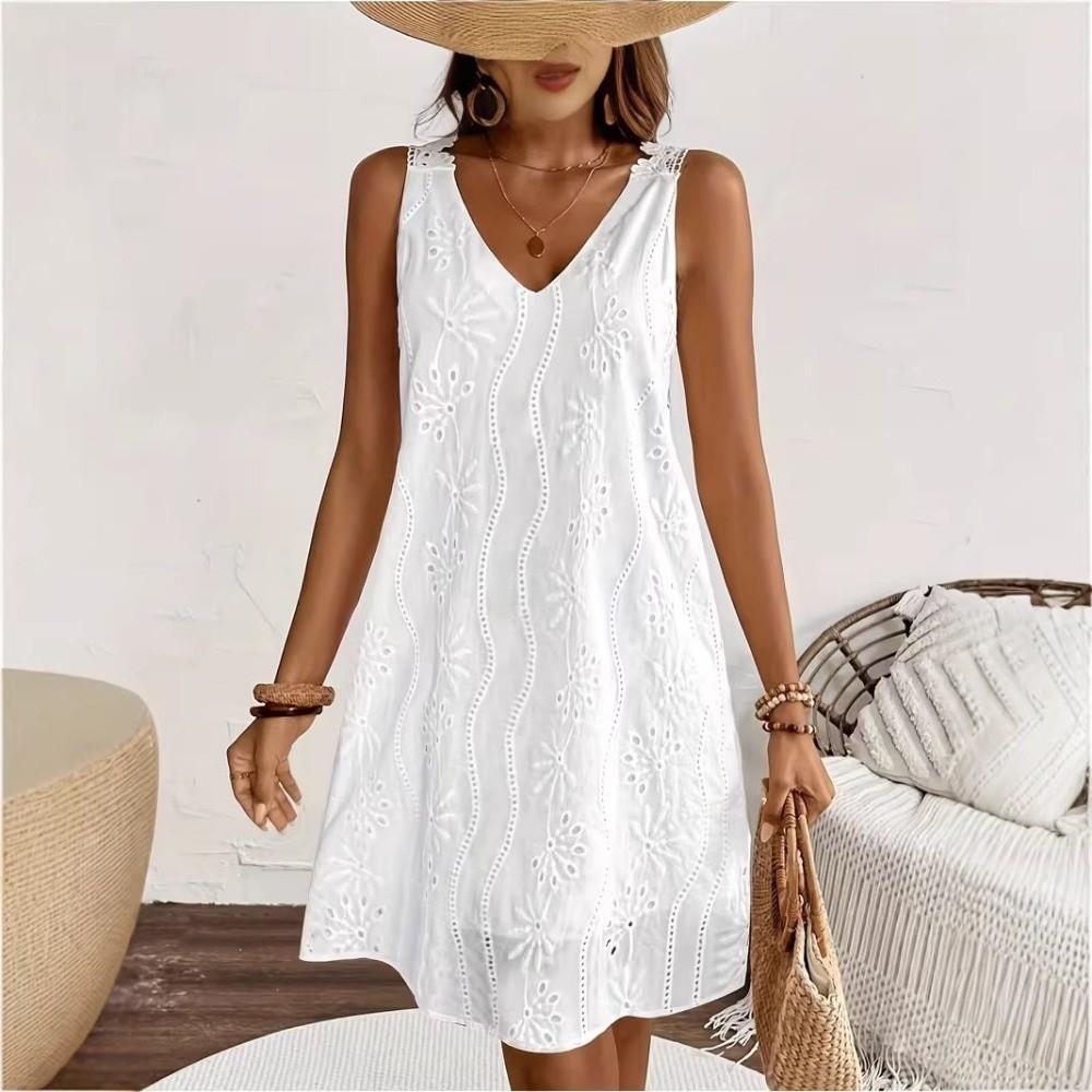 A-line Summer Casual Skirt Embroidery Solid White Dress Fashion V-Neck Lace Dress Spring Summer