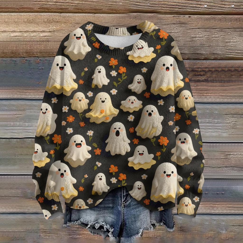Ladies' Fashionable Casual Long Sleeved Halloween Printed Round Neck Knitted Yarn