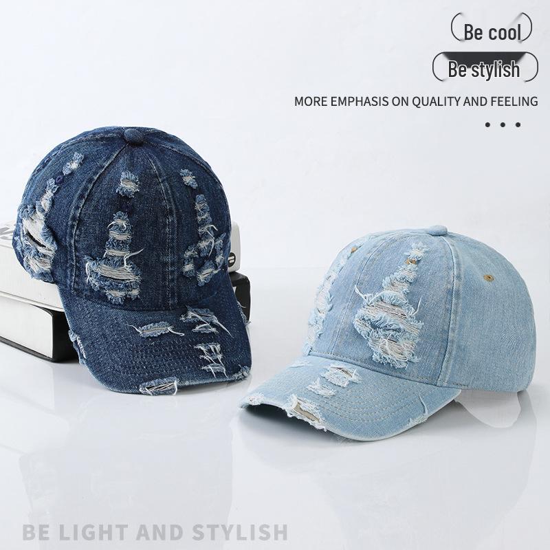 Korean Retro Washed Denim Baseball Cap with Holes for Men and Women - Spring/Autumn Style Sunshade Duckbill Hat