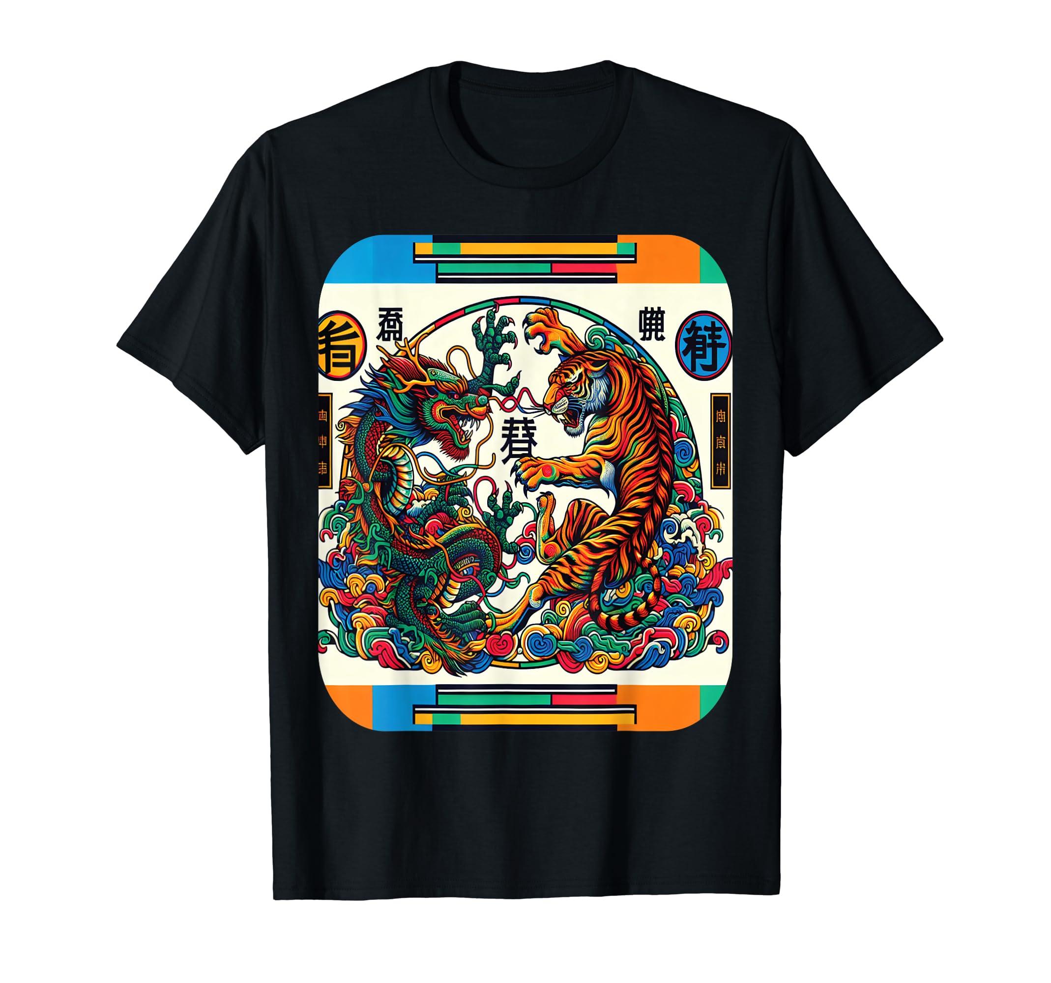 

Dragon Fighting Tiger Retro Japanese T-Shirt чорний
