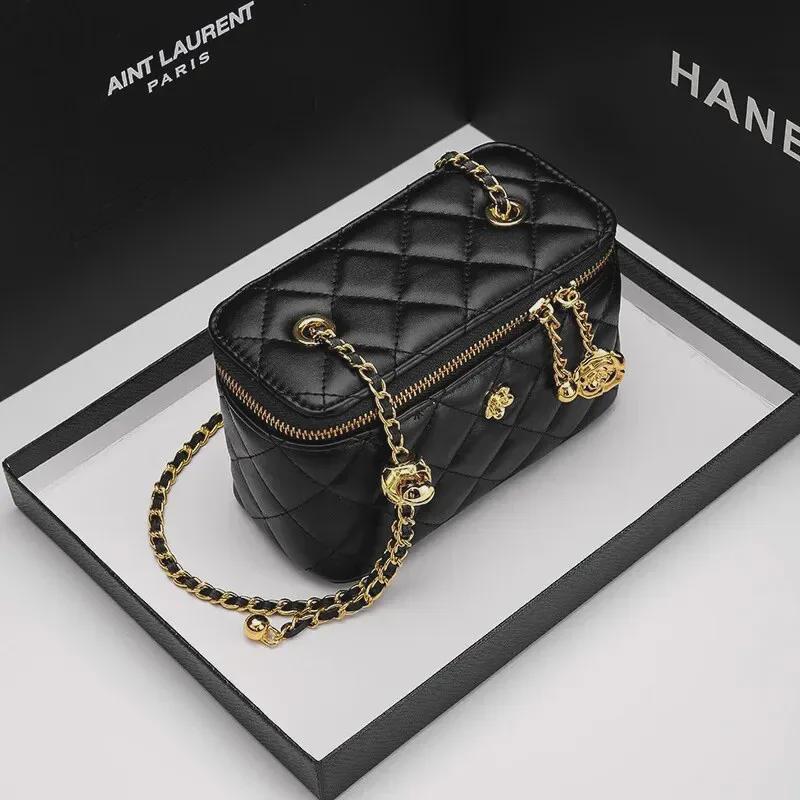 Genuine Leather Camellia Lightweight Diamond Chain Shoulder Bag - Mini Cosmetic Box Style