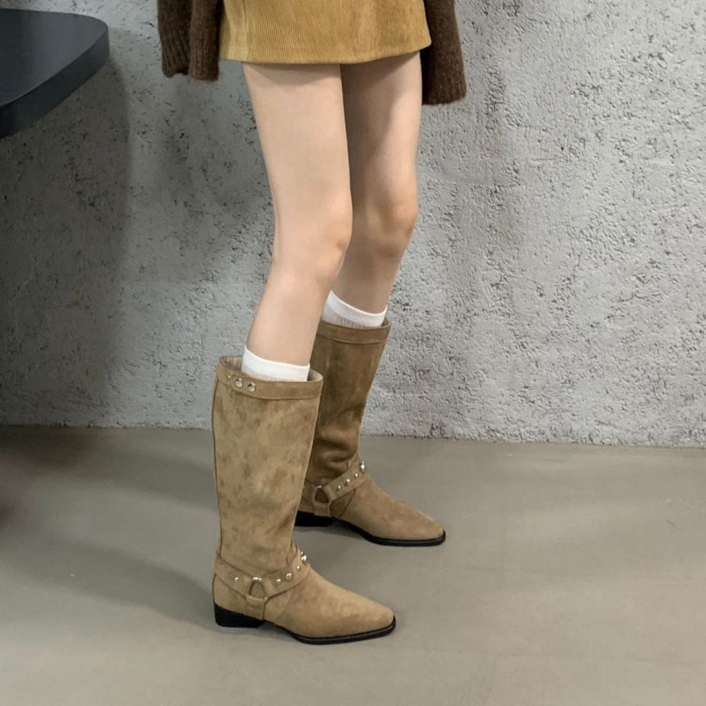 Retro Western Cowboy Boots Women's 2025 Autumn New Niche Design Belt Buckle Thick Heel High Knight Boots