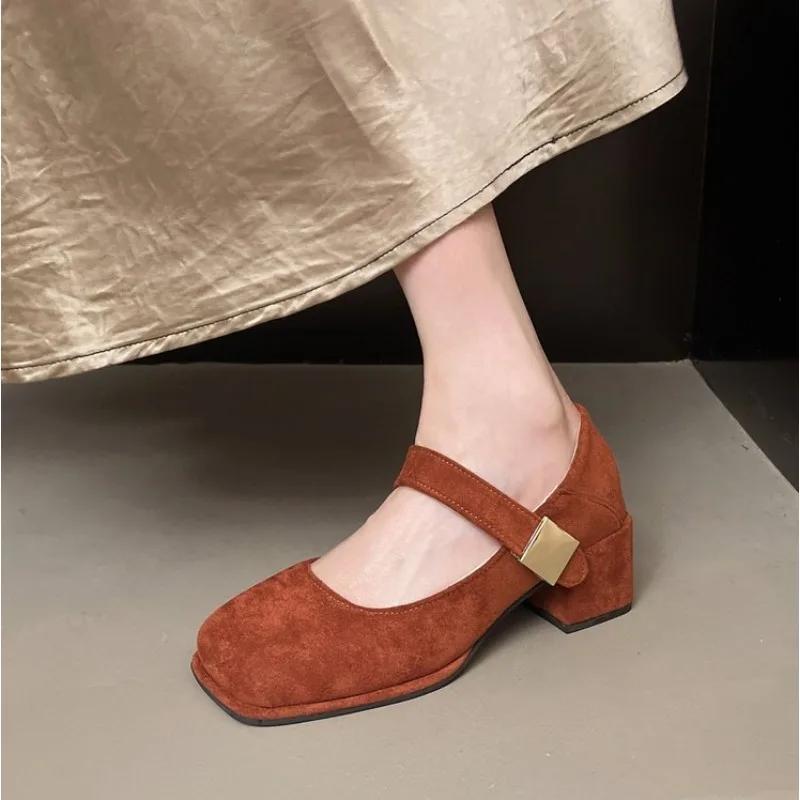 French thick-heeled camel square suede temperament single shoes 2026 new spring and summer retro versatile commuter shoes