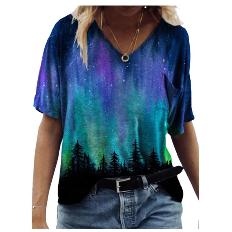 Fashion Spring  Forest Print Blouses Short Sleeved V-Neck T Shirts Casual
