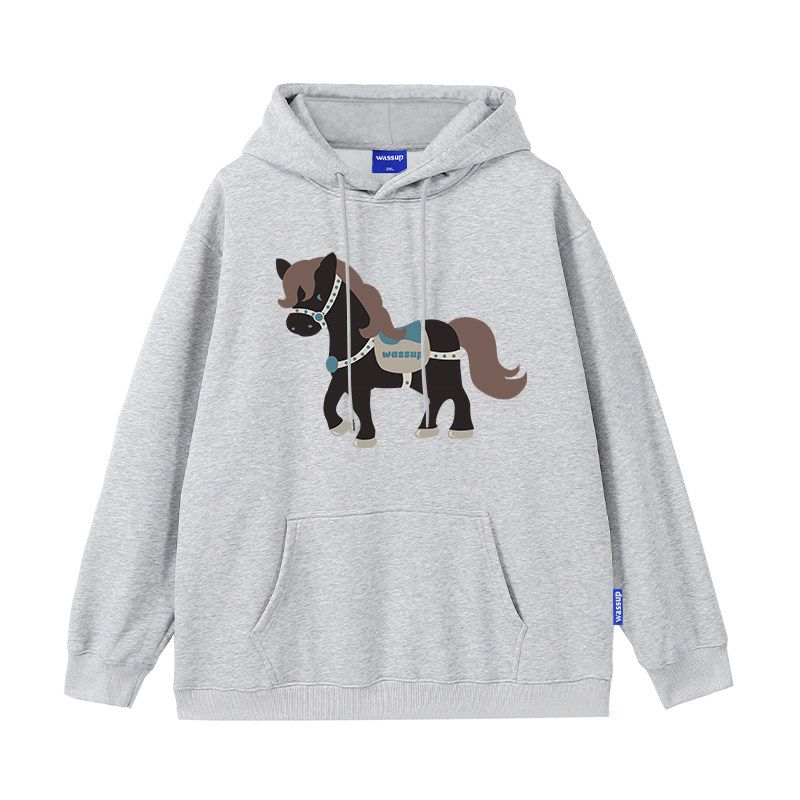 Wassup Year of the Horse Themed National Trend Heavy Fleece Sweatshirt for Men, Autumn and Winter Loose Casual Couple Hooded Top Jacket
