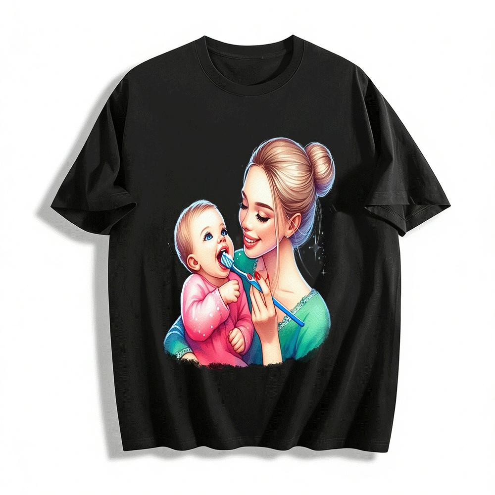 Warm Parent-child Tooth-brushing Print Casual Top For Adults Pure cotton T-shirt XXS