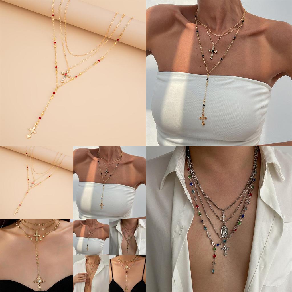 Cross Pendant Necklace For Women With Layered Y Design And Fringes