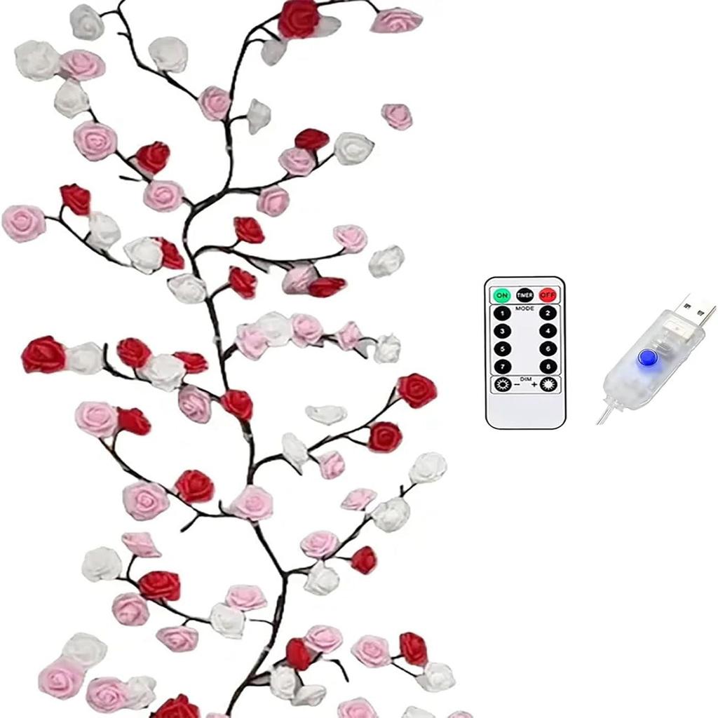 Rose LED Zweiglichter für die Wand, Rose Blumengirlande Zweigdeko Girlande mit 144 LED Lichtern und Fernbedienung, 8 Beleuchtungsmodi, Weihnachtsdekorationen Innen