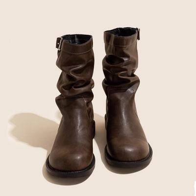 Korean Thick Heel Small Short Boots Women's 2025 New Spring and Autumn Brown Retro Round Head Pleated Piled Boots Medium Tube Martin Boots