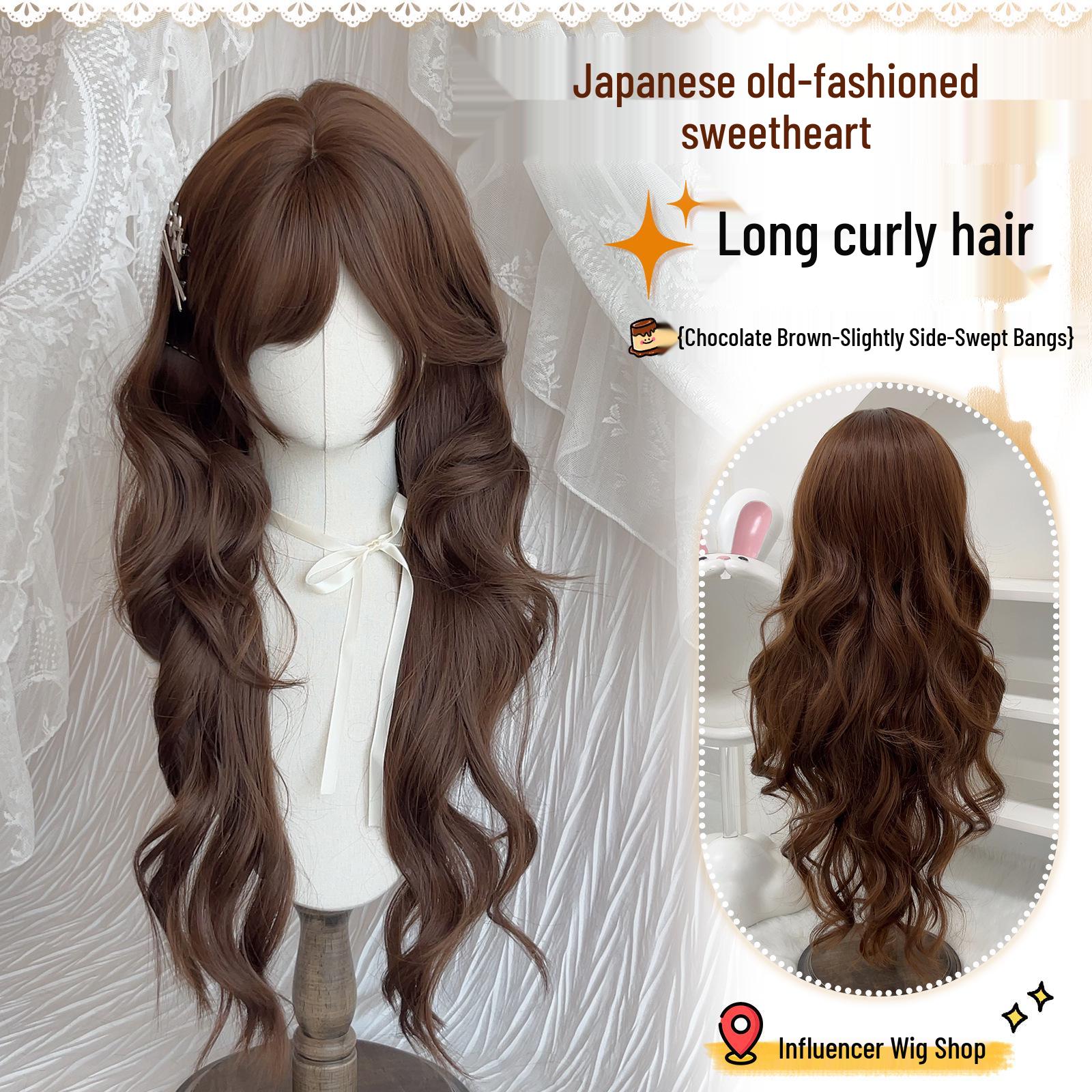 Шоколадно-коричневый длинный кудрявый парик с челкой - Стиль Y2K Sweetheart