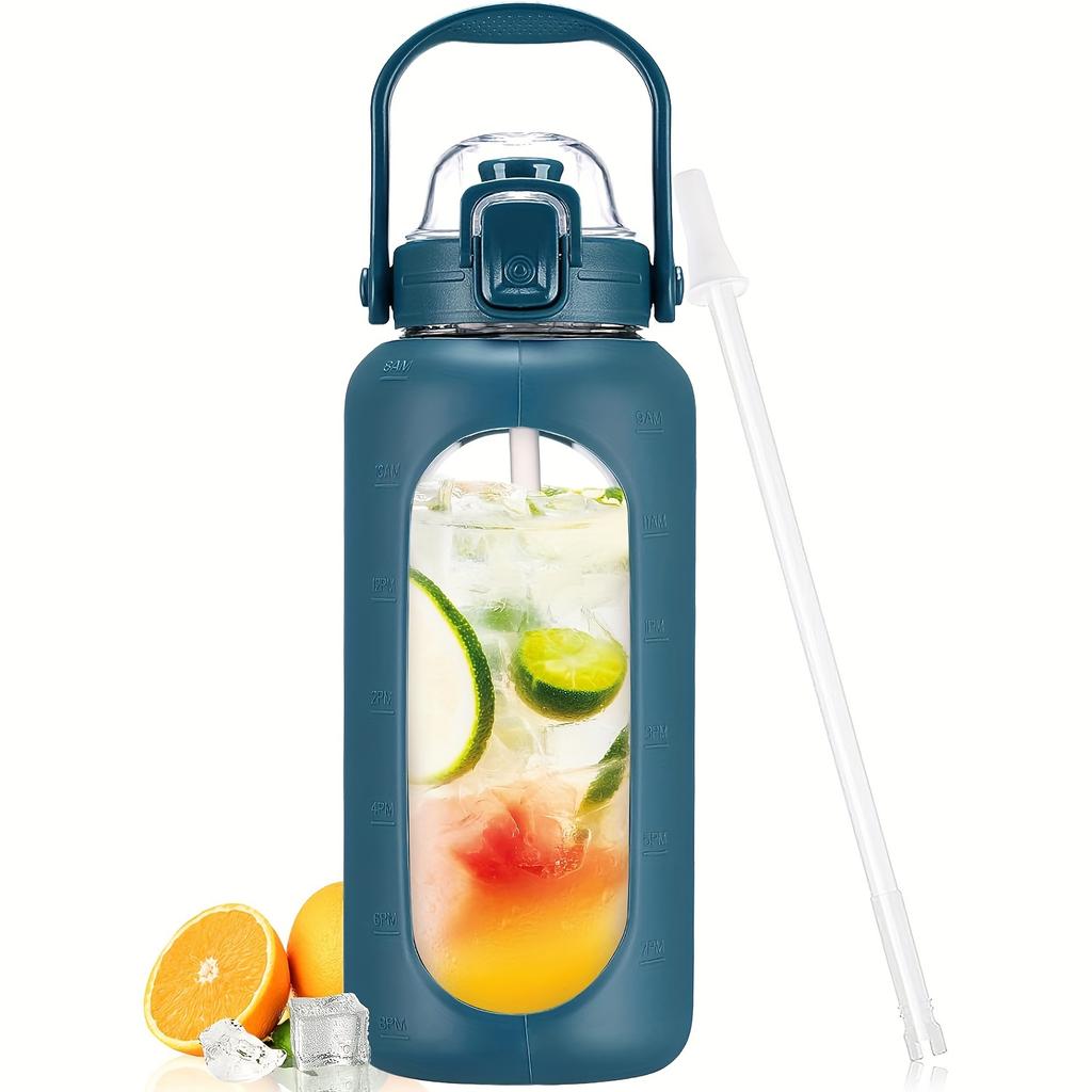 64oz Skleněné láhve na vodu se slámkou a víčkem Půlgalonová láhev na vodu s časovým značením Nepropustné skleněné láhve na vodu se silikonovým pouzdrem