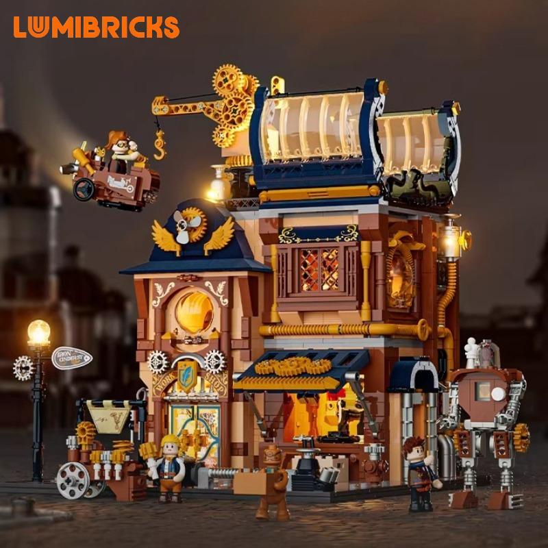 Lumibricks Light With Steampunk World Series Mechanical Repair Shop Retro Architectural Model Mechanical Elephant Assembly Gift