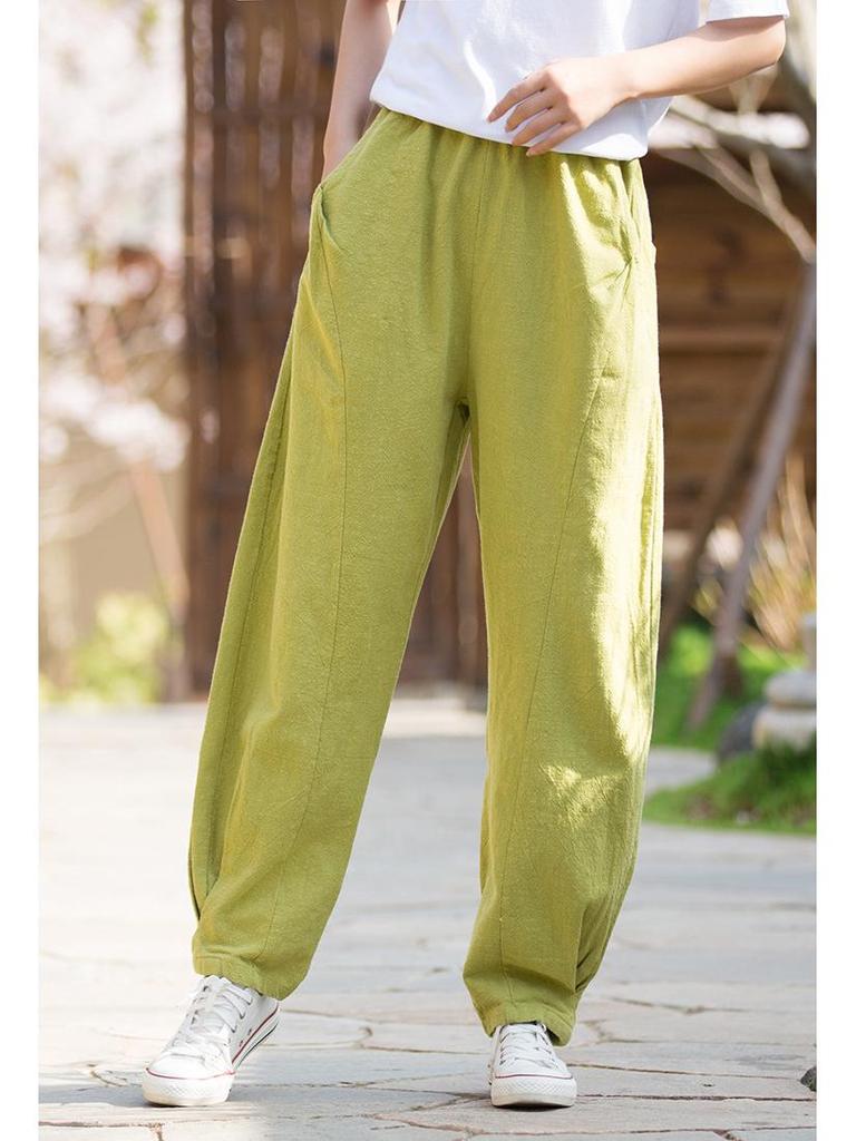 2025 Spring & Summer Loose Fit Ramie-Cotton Women's Yoga Pants - Sand-Washed Casual Bloomers