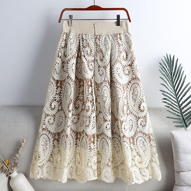 Vintage Women's Crochet Hollow Lace Skirt Casual High-waist Slim A-line Skirt Spring