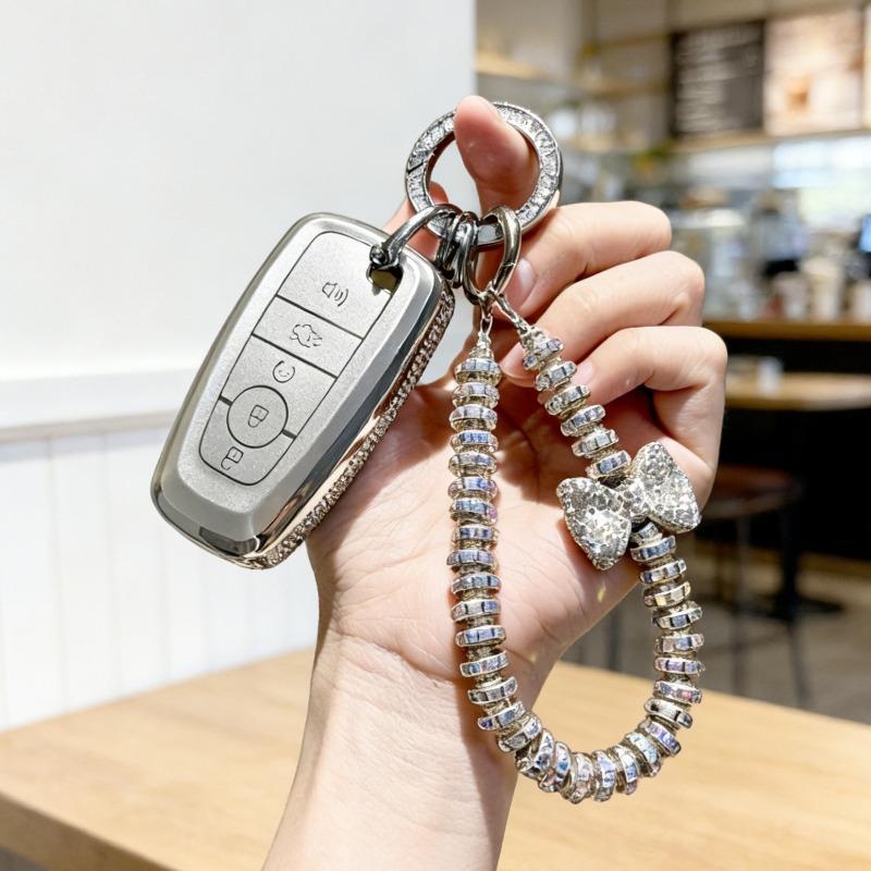 [ Side Diamonds ] 4 Buttons TPU Car Key Case Cover Shell Fob for Ford Fusion Edge Escape Explorer Taurus Expedition Ranger F-150