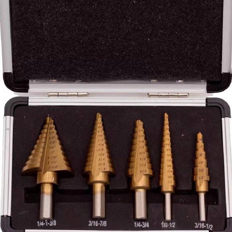 6-Piece Tapered Reamer Set with Titanium & Zinc Plating In Aluminum Box for Center Positioning, Drill, Iron, and Stainless Steel.