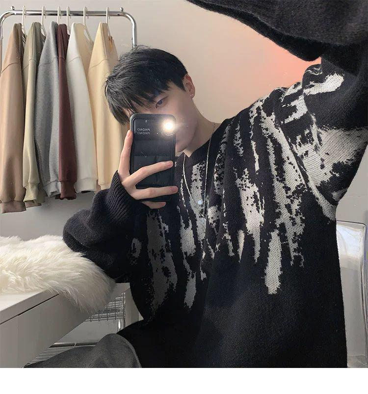 Korean Tie-Dye Men's Sweater: Trendy 2026 Autumn/Winter Knitwear, Youthful Loose Fit