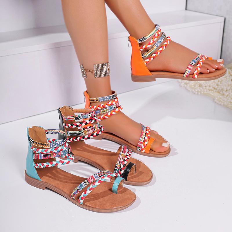 Fashion New Ladies Summer Fashion Bohemia Ethnic Colorful Stitching Roman Style Open Toe Zipper Women Flat Fancy Sandals Beach Shoes