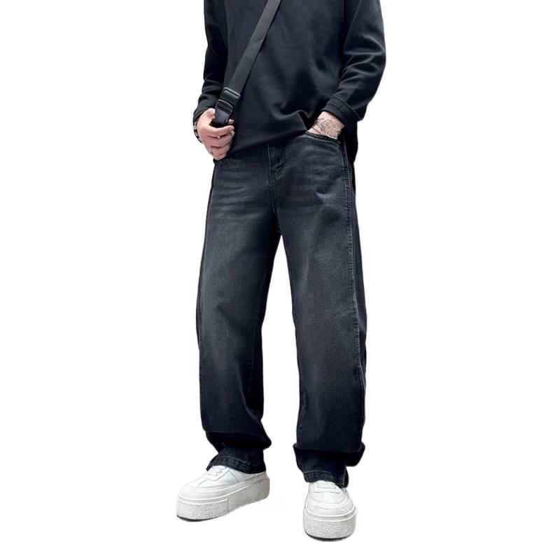 American wind wash splicing jeans new men's loose straight wide legs ruffian handsome casual trousers black tide