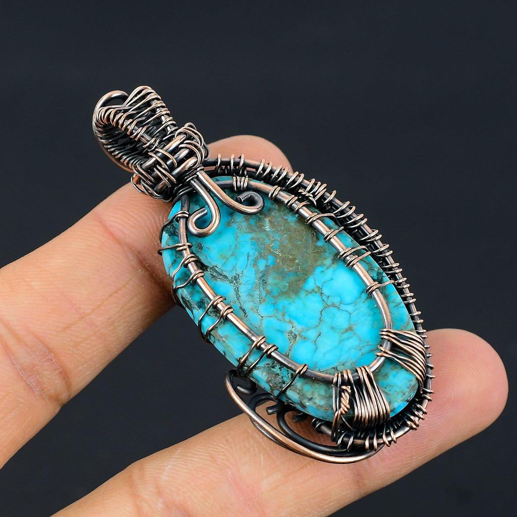 Tibetan Turquoise Pendant, 999 Copper Wire Wrapped Gemstone Jewelry, Handmade Pendant, For Thanksgiving