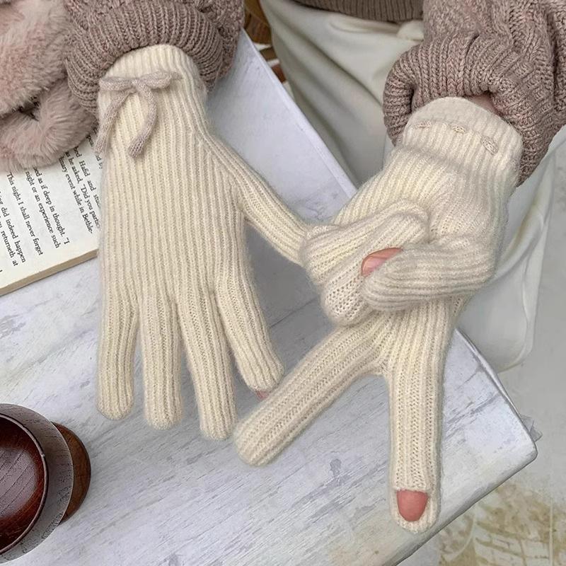 Damen Strick Schleifenhandschuhe Winter Warm Touchscreen Handschuhe Vollfinger Kawaii Japanische Jk Fahrradhandschuhe Y2K Accessoires