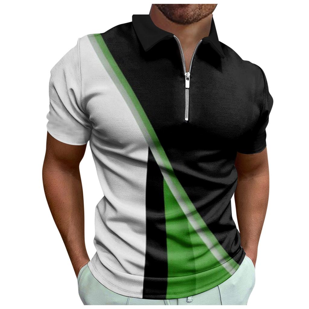 Work Clothes Creative Stripe 3D Printing Men's Short-sleeved Zip Shirt
