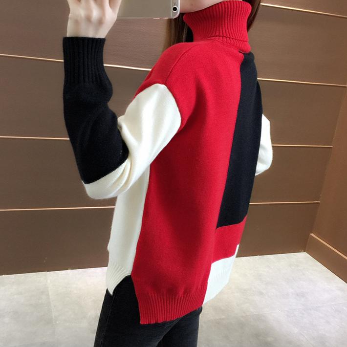 Fall/Winter Women Turtleneck Sweater Loose Color-Block Thick Pullover Knitwear Stretch Long-sleeved Split Knit Top Jumper Outwear