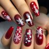 24Pcs Christmas Reindeer Press On Nails Red Artificial False Nails With White Snowflake Prints Design For Festive Party Decoration