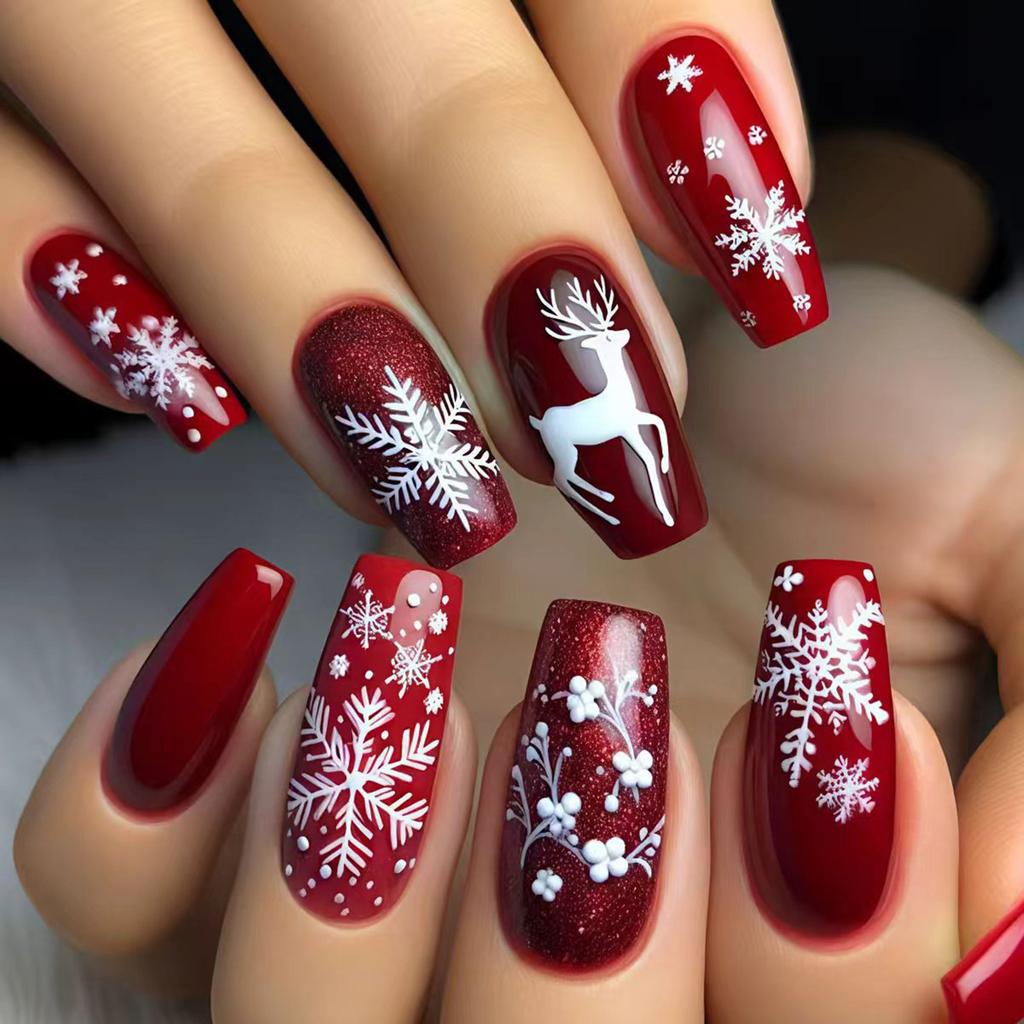 24Pcs Christmas Reindeer Press On Nails Red Artificial False Nails With White Snowflake Prints Design For Festive Party Decoration