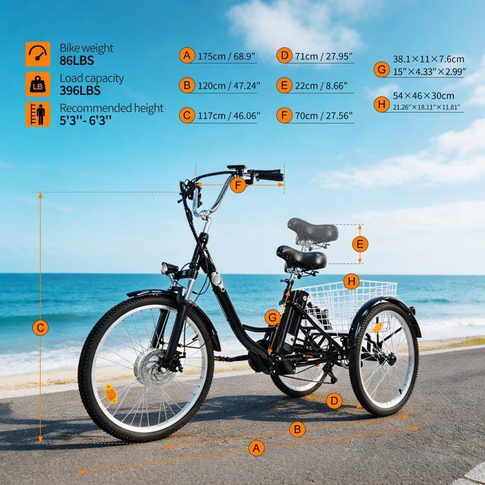 6MSKS 24" elektrische driewieler 250W krachtige motor 36v15ah afneembare batterij langste actieradius 31 mijl recreatie