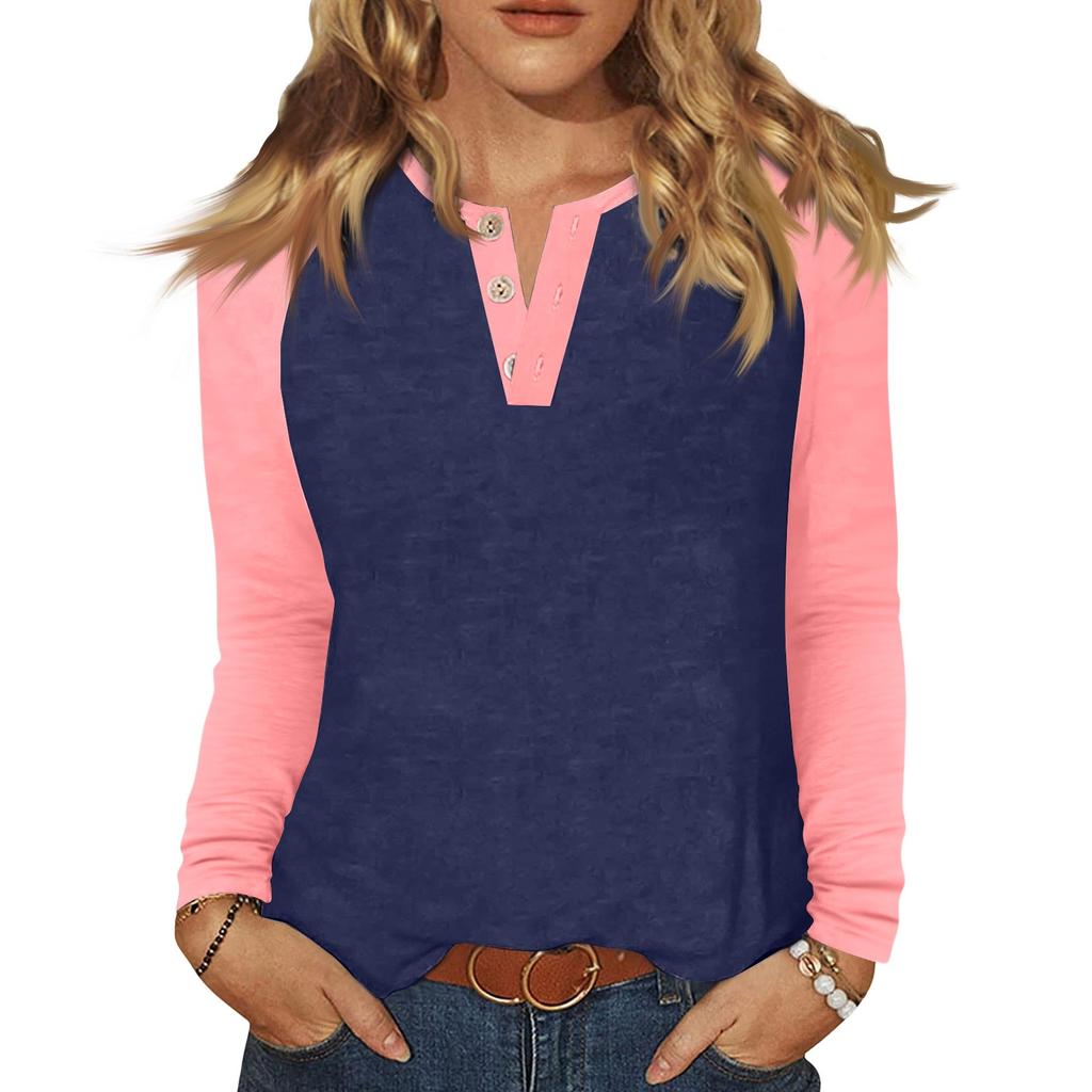 Women's T Shirt Color Block Button Long Sleeve Daily Weekend Fashion Basic V- Neck Regular Top