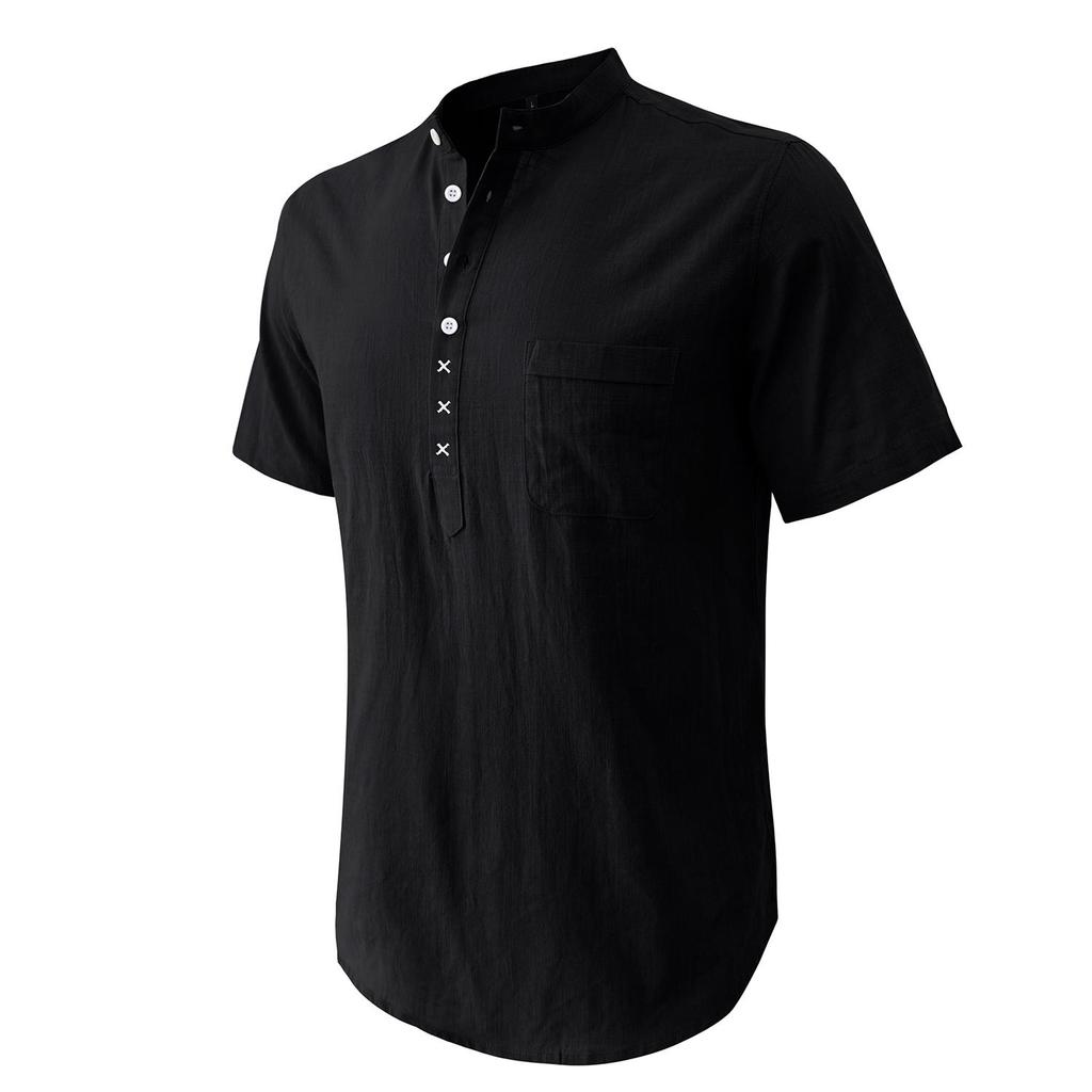 Cotton Linen Shirts for Men Solid Color Short Sleeves Henley Collar Loose Shirt Holiday Hawaiian Beach Casual Wear Comfy Fashion Menswear
