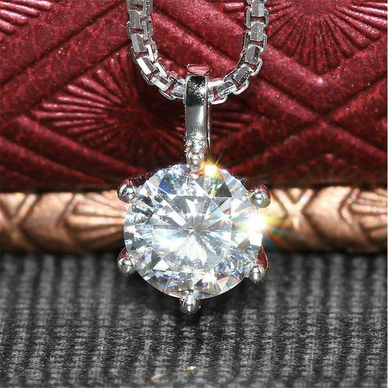 Six Prong Single Big Round Faceted Stone Pendant Women Box Link Chain Clavicle Necklace