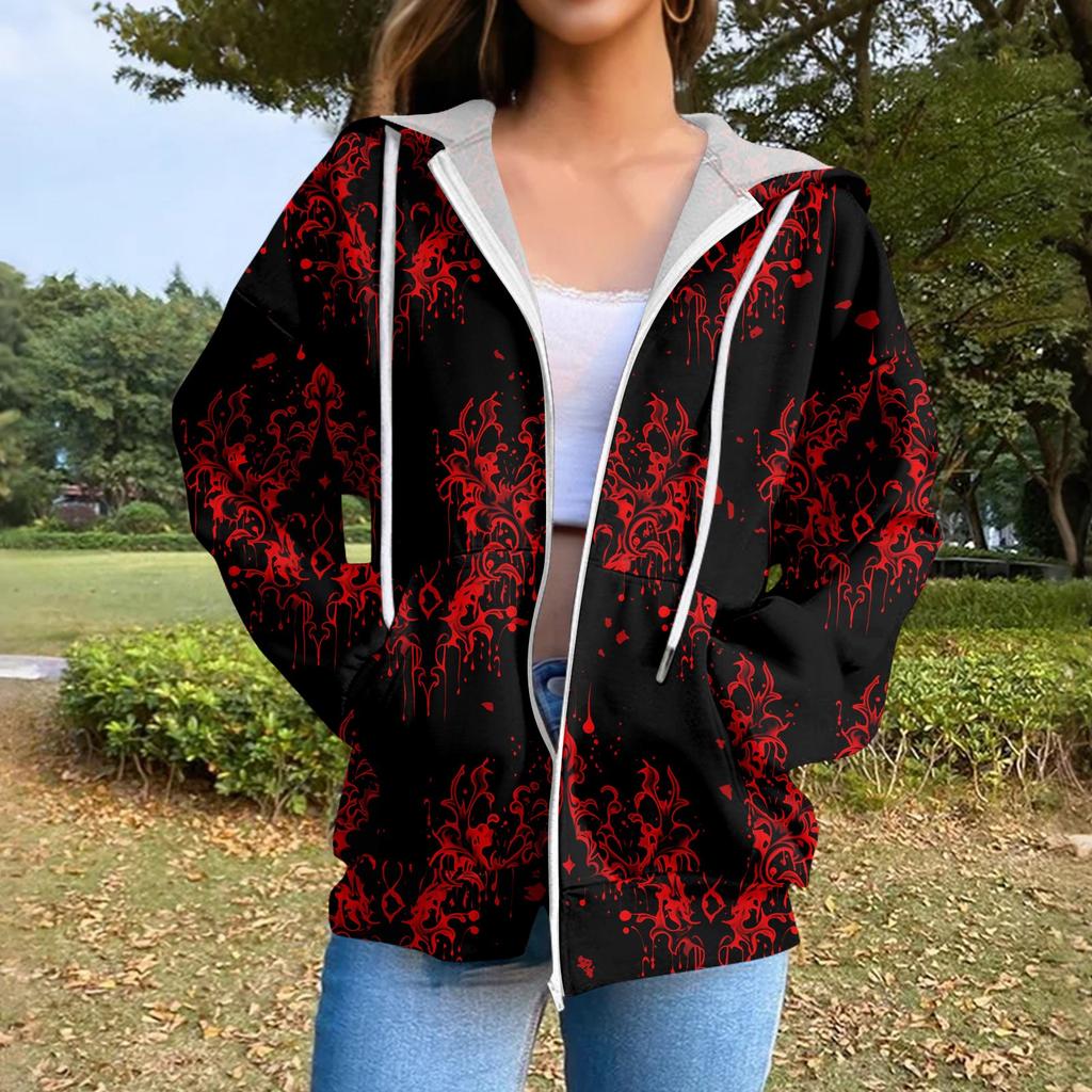 Sweat-shirt à capuche décontracté pour femme à manches longues avec fermeture éclair et cordon de serrage imprimé