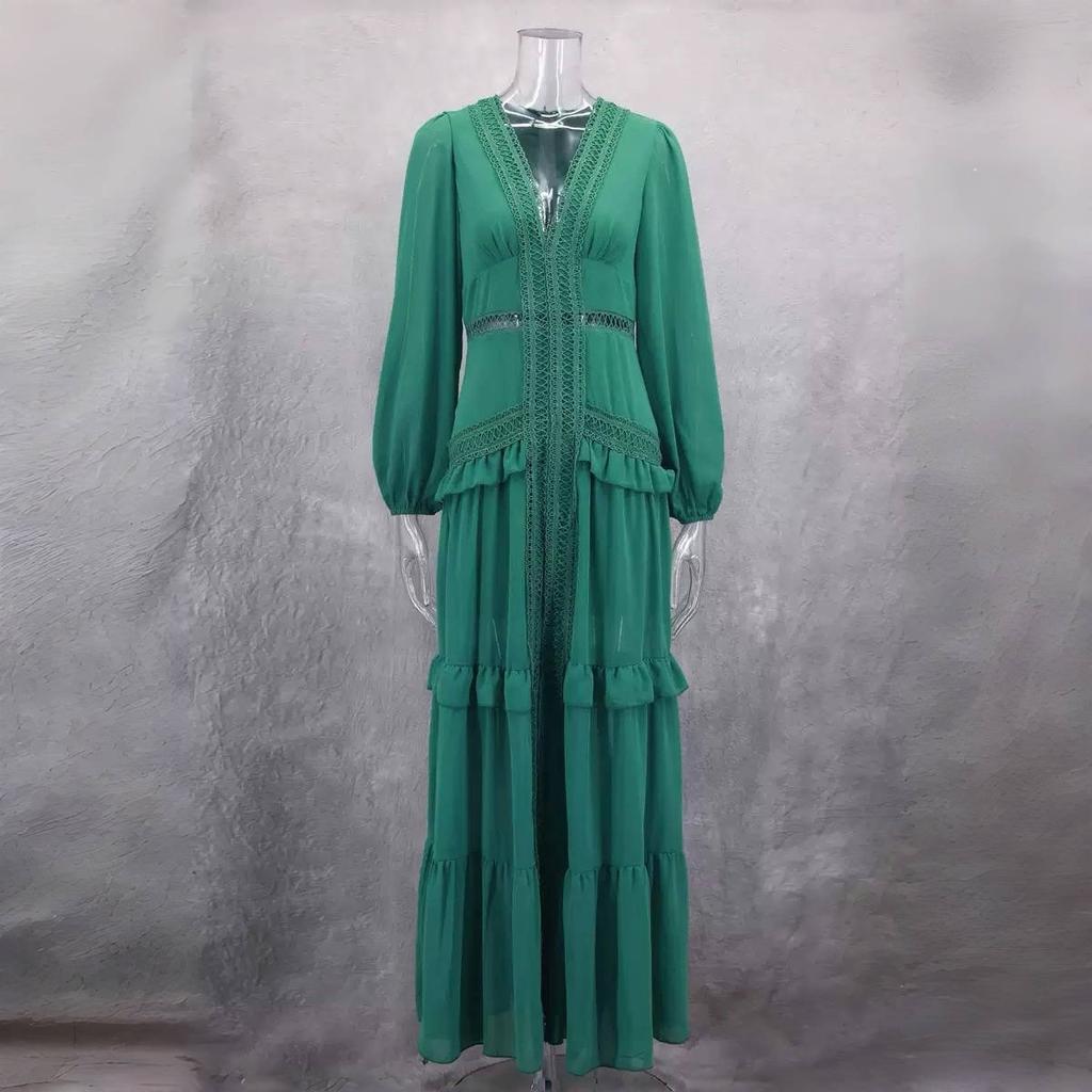 LYRIA Women Elegant Layered Ruffles Patchwork Long Dress Chic V Neck Puff Full Sleeves Split Maxi Dresses Fashion Lady Party Robes