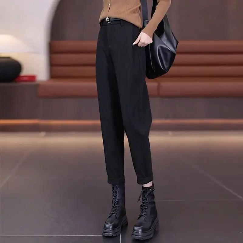 Herbst und Winter Damen Einfarbig Gerade Hosen Slim Knopf Mode Lässig Formell Büro Dame All Match Hosen