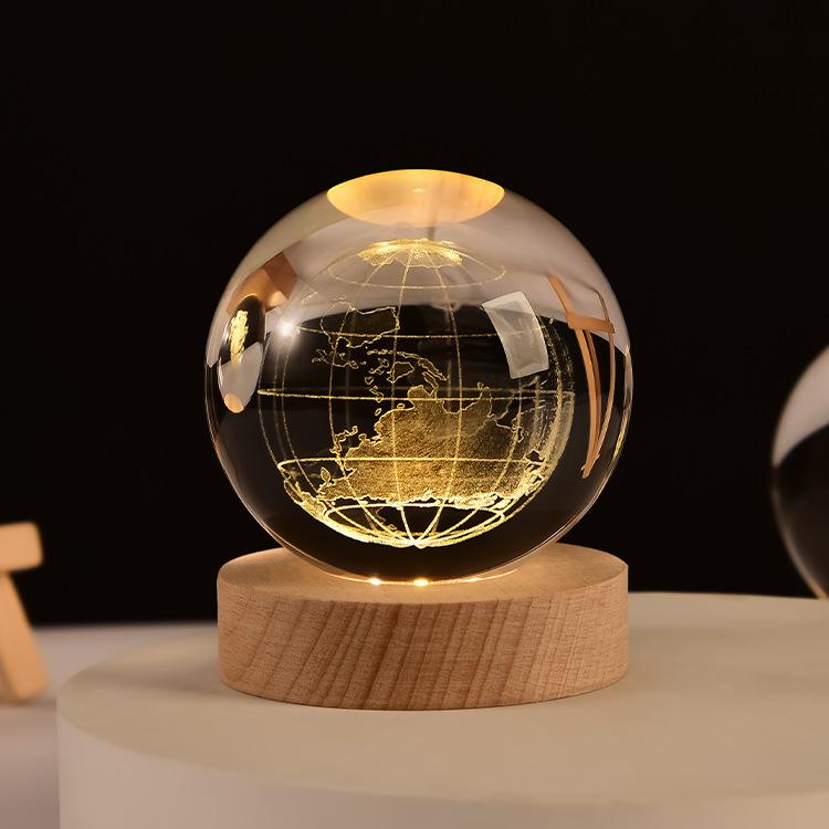 3D Art Nebula Laser Carving Solar System Moon Planet Nights Lamp LED Glowing Crystal Glass Globe Ball Wood Base Night Light