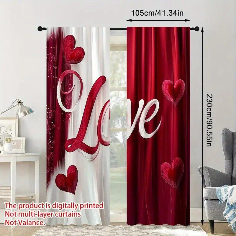 2 Stück - 2D flach bedruckte romantische rot-weiße Musterdruckvorhänge, Fensterdekoration, Heimdekoration, Raumdekoration