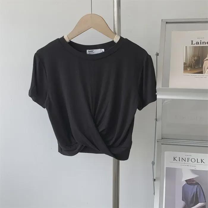 

Женский укороченный топ из модала с короткими рукавами и завязкой - облегающий крой, однотонный, летний стиль L (50-57.5 kg) чёрный