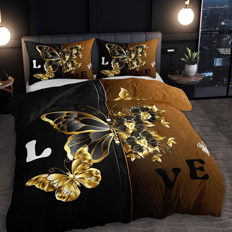 3Pcs Luxury Golden Butterfly Floral Bedding Duvet Cover Set Romantic Love Butterfly Bedding Quilt Set Black Golden Butterfly