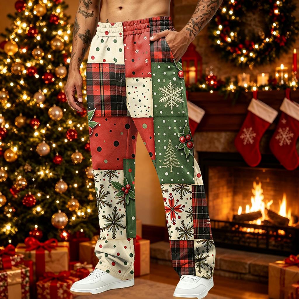 Men's Loose Fit Christmas Print Casual Pants with Pockets for Holiday Daily Wear