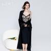 Women's Mesh Lace Deep V Padded Tie Waist Backless Cami Sleep Dress with Robe Set