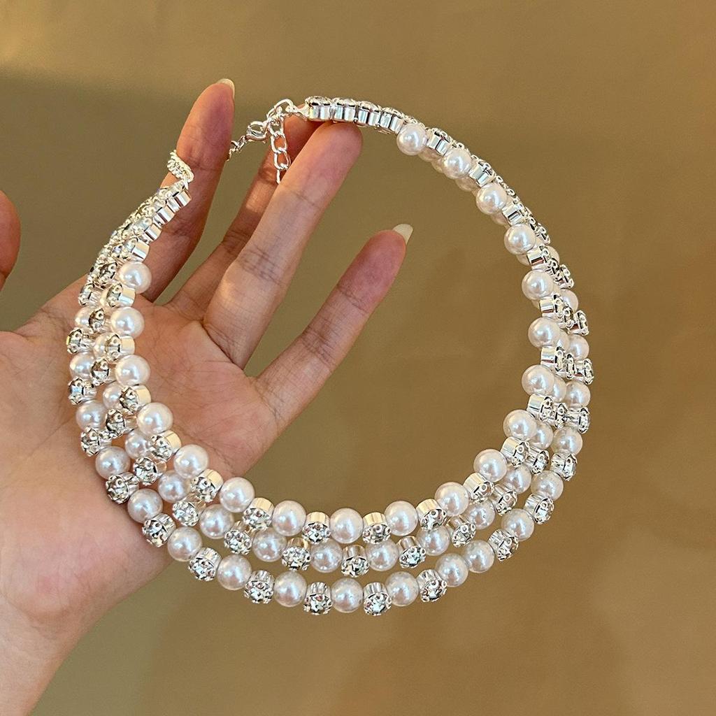 Retro Rhinestone and Faux Pearl Adjustable Jewelry Set with Three-Layer Pearl Earrings