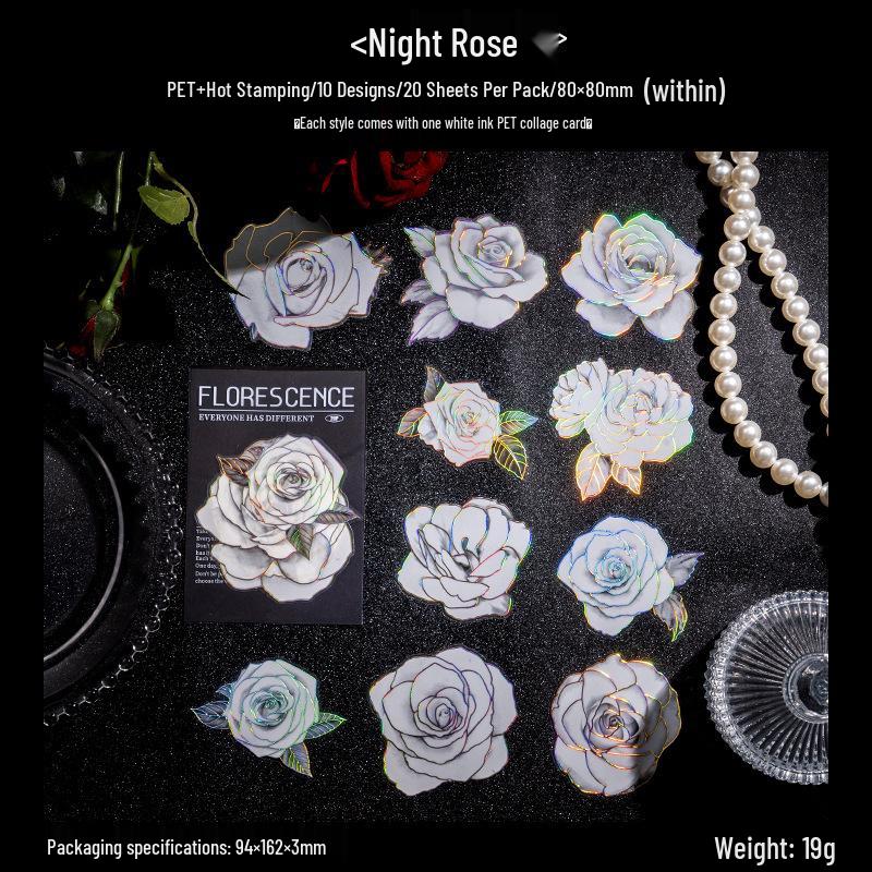 Красивый День - Наклейки ПЭТ - Серия Ночное Цветение: Декорации для журнала с горячим тиснением, цветочные, 6 стилей