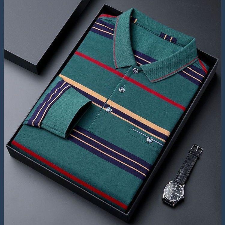 Men's Autumn Striped Long-Sleeve Collared Shirt - Loose Fit for Middle-Aged & Elderly