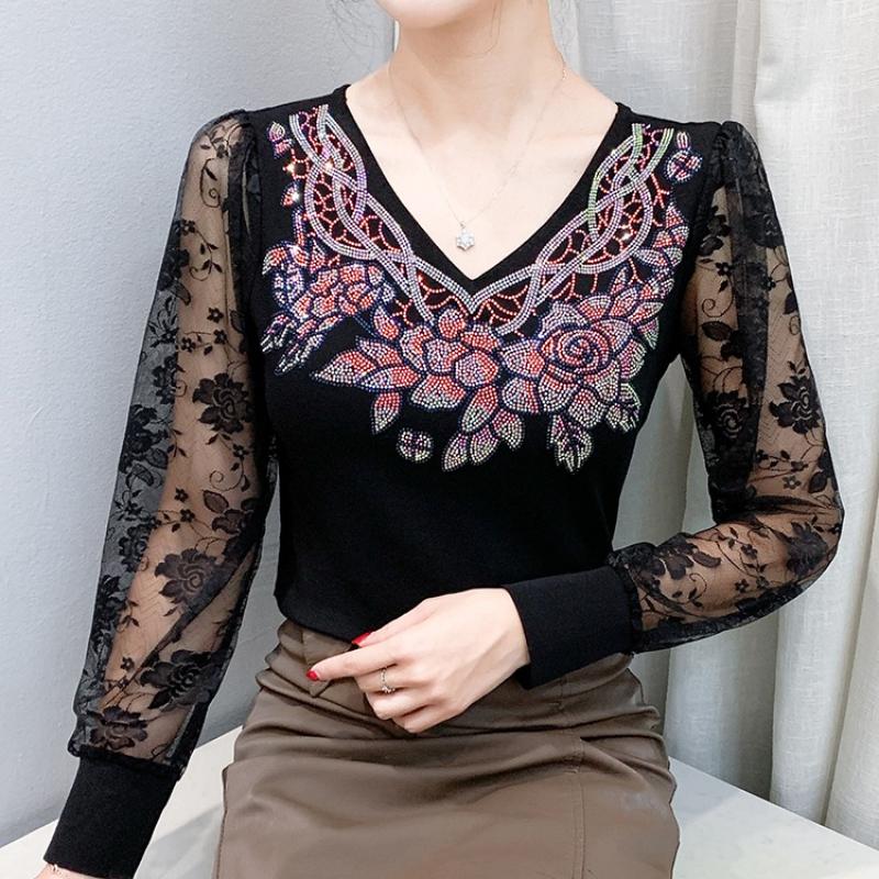Spring Autumn Women's Lace Sleeve Patchwork T-Shirt Elegant V-neck Tees Slim Ladies Tops With Rhinestone Flower
