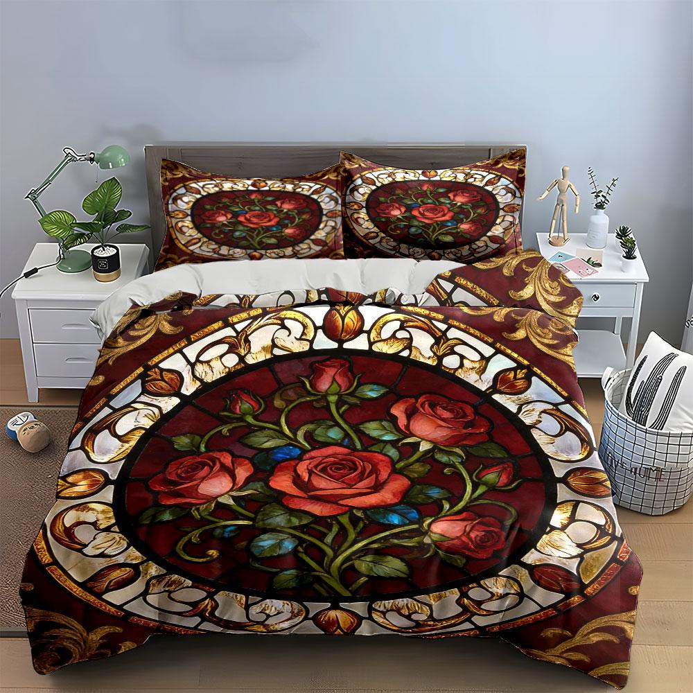 Vintage Rose Pattern Art Set Soft Comfortable Duvet Cover Bedding Set Included 1*Duvet Cover & 2*Pillowcases, Gift